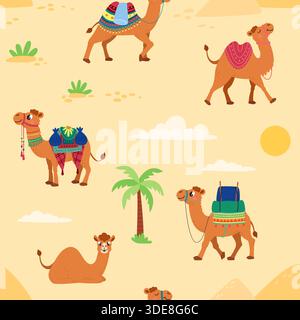 Nahtloses Kamelmuster. Comic-Kamel mit dekorativen Teppichen, Sätteln, Transport von Sachen. Lustiger Tierdruck für Stoff, Textil, klassischer Vektor Stock Vektor