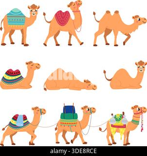 Comic-Kamelfiguren. Kamele mit Teppichsätteln. Lustige arabische Tiere zum Reiten und Transportieren von Sachen. Wüstenfiguren verschiedene Posen, klassisch Stock Vektor
