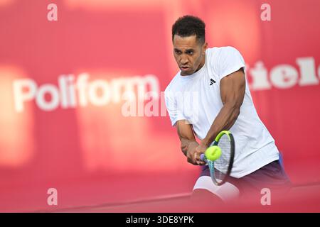 Michael Mmoh, ein US-amerikanischer Tennisspieler, während eines Spiels bei den Hong Kong Tennis Open (ATP250) am 6. Januar 2026 in Hongkong. (Foto von Kobe Li/Nexpher Images) Stockfoto