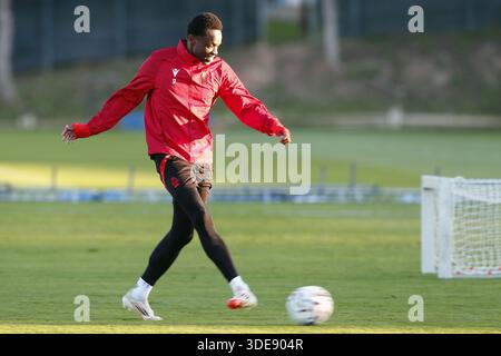 Lagos, Portugal. Januar 2026. Rafiki Said von Standard wurde während des Wintertrainings der belgischen Fußballmannschaft Standard de Lüttich in Lagos, Portugal, am Montag, den 5. Januar 2026, in Aktion genommen. BELGA FOTO RICARDO NASCIMENTO Credit: Belga Nachrichtenagentur/Alamy Live News Stockfoto