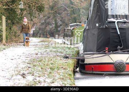 Stourbridge, Großbritannien. Januar 2026. Wetter in Großbritannien: Die Menschen trotzen den eiskalten Bedingungen und machen mit ihren Hunden einen Morgenspaziergang vorbei an Schmalbooten, die fest im Eis entlang eines Stourbridge-Kanals eingesperrt sind, nachdem die nächtlichen Temperaturen wieder auf –5 °C fielen und die Midland Waterways fest gefriert haben. Quelle: Lee Hudson/Alamy Live News Stockfoto