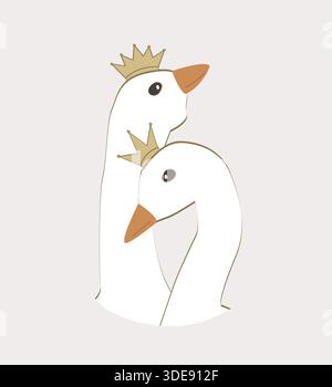 Gänsehumarmungen Paar in goldenen Kronen. Königliche Gänsepaare. Valentinstag-Begrüßung, Hochzeit oder romantisches Kartendesign. Isolierte Vektordarstellung. Stock Vektor