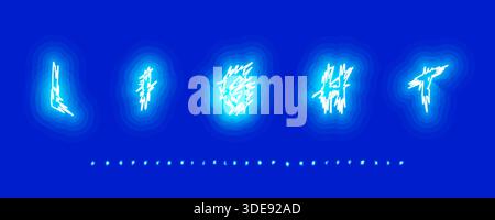 Neonlicht Buchstaben Schriftart Alphabet. Leuchtende, elektrisch blaue Typografie, futuristisches Cyberpunk-Titeldesign für Spiele, technisches Banner, Poster, Header. Neon Stock Vektor