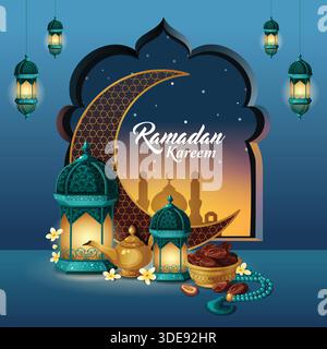 Ramadan Kareem Islamischer Platz Grußillustration mit marokkanischem Bogenfenster, Sonnenuntergangsmoschee, Mondsichel, Laternen und Datteln Stock Vektor