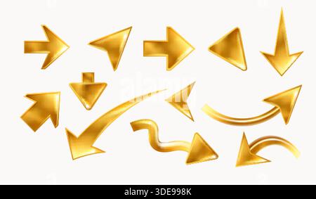 3D goldene Pfeile. Realistischer goldener flüssiger Mauszeiger, abstrakte y2k-Zeigerfigur oben unten links rechtes perspektivisches Zeichen Ballonpfeile aufblasen, exakte isolierte Vektorillustration Originalgrafik Stock Vektor