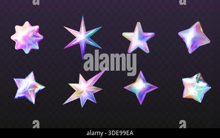 3D-holographische Sterne. Realistischer aufgeblähter Ballon funkeln Stern, Hologramm Bling Blase Form y2k Neon Glitzer violett Chrom Element Holo Icons, isolierte exakte Vektor Illustration Original Artwork Stock Vektor