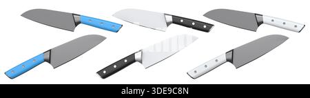 Set aus Küchenmessern des Küchenchefs mit einem Holzgriff, isoliert auf weißem Hintergrund. 3D Render von Metzgermessern oder professionellen Küchenutensilien Stockfoto
