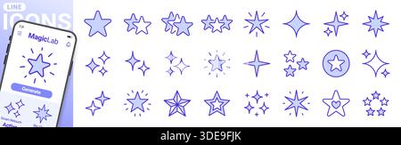 Sternlinien-Symbolgruppe. Glitzernde, funkelnde, preisgekrönte, glitzernde und geplatzte minimale Vektor-Illustrationen. Einfache Umrissschilder für leuchtende und leuchtende Konzepte Stock Vektor