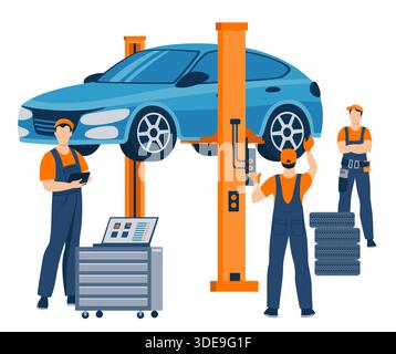 Fahrzeugdiagnose, -Wartung und -Reparatur. Automatische Wartung des Innenraums mit Mechanikern, angehobenem Fahrzeug und Ausrüstung. Flache Vektoren des Kfz-Wartungszentrums Stock Vektor