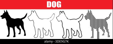 Minimalistisches Vektorset mit schwarzer Silhouette, dünner Liniengrafik und pixeligen digitalen Hundesymbolen für kreative Tierlogos, Haustierladen-Branding, g Stock Vektor