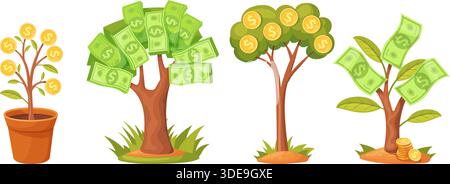 Cartoon-Geldbäume. Geldbaum mit Goldmünzen oder Dollarscheine Grünpapierwährung, Blume im Topf Anlagekonzept Geldwachstums Finanzspiel ui-Icons, saubere Vektorillustration Original-Kunstwerk Stock Vektor