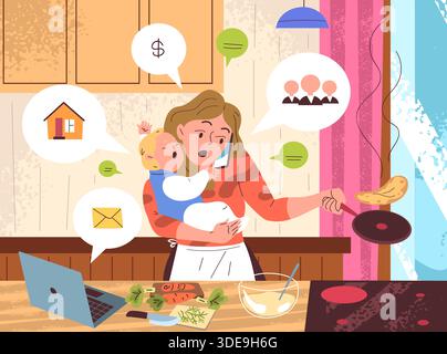 Multitasking-Mutter. Beschäftigte Mutter mit Baby kochen Essen und Arbeit Hauptaufgabe, müde Überladung Frauentelefon Super Hausfrau Haushalt harte Leben Hausarbeit Stress, klassische Vektor Illustration Original Kunstwerk Stock Vektor