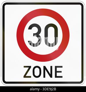 Deutsches Verkehrszeichen für eine Zone mit reduziertem Verkehr und einer Geschwindigkeitsbegrenzung von 30 km/h. Stockfoto