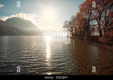 Ruhige Seeszene mit Herbstbäumen am Ufer, Sonnenlicht auf der Wasseroberfläche, die eine friedliche und malerische Umgebung schaffen Stockfoto