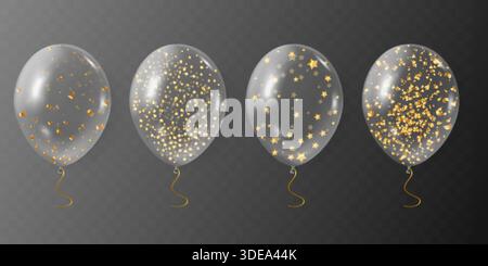 Realistische transparente Referenzkreise. Klarer Ballon mit goldenen Glitzern innen, Geburtstagsfeier Feiertagsveranstaltung Luxusdekoration Gold Glitter Konfetti exakte Vektor-Illustration Originalkunstwerk Stock Vektor