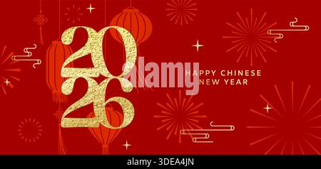 Happy Chinese New Year 2026 Banner mit goldenem Glitzer 2026 Logo auf rotem Feuerwerk und Laternen Hintergrund, 2026 Chinesisches Neujahrsgrußkartendesign Stock Vektor
