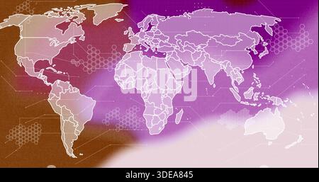 Anzeigen einer weiß umrandeten Weltkarte auf dem digitalen Dashboard, Anzeigen von Hexadezimalgruppen und Beschriftungsfeldern Stockfoto