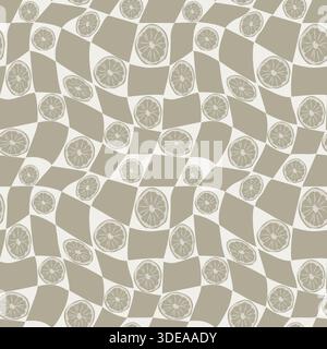 Cloud Dancer 2026 Pantone nahtloses abstraktes Muster geometrische Formen und Zitrusfrüchte mit zarten orangen Akzenten. Moderne Groovy-Wiederholung für Textilien, Tapeten Stock Vektor