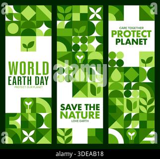 Umwelt- und Erdtag-Banner mit geometrischen Naturmustern, Vektorhintergründen. World Earth Day, Save Nature und Protect Planet Banner mit geometrischen grünen Öko-Mustern für den Umweltschutz Stock Vektor