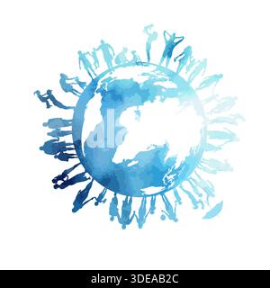 Abstrakte blaue Welt und glückliche Menschen. Silhouetten von Menschen auf der ganzen Welt. Handgezeichnet. Nicht AI, Vektorillustration Stock Vektor