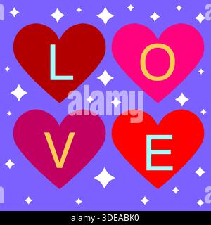 Dekorative Darstellung Von Mehrfarbigen Herzen, Die Wort Liebe Vor Lila Leuchtenden Hintergrund Kreativ Bilden Stockfoto