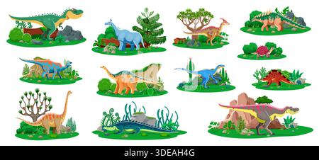 Dinosaurier und prähistorische Eidechsen für Kinder, Vektor-Cartoon-Dino-Charaktere. Dinosaurier von Reptilien aus der jurassischen Zeit und prähistorische Tierarten im Dschungel-Wald für Kinder Dino Enzyklopädie oder atlas Stock Vektor