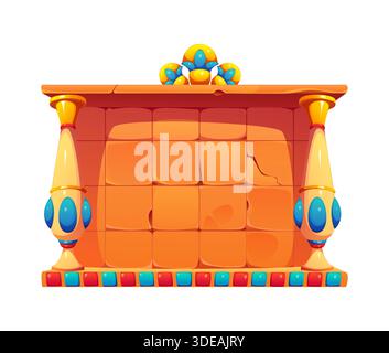 Antike ägyptische Spielrahmen, antike ägyptische Steinplatte mit geschnitzten quadratischen Blöcken mit Rissen, dekorierte goldene Säulen und blaue ovale Edelsteine. Der alte Vektorrahmen enthält eine Krone mit Juwelen auf der Oberseite Stock Vektor