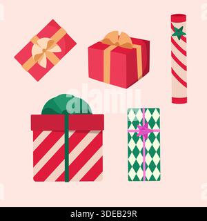 Farbige Geschenkboxen mit Band. Geschenkbox für Feiertage. Vektorabbildung Stock Vektor