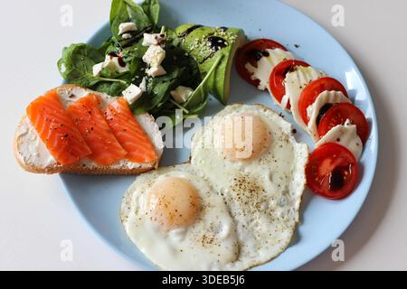 Blick von oben auf einen gesunden Frühstücksteller mit Spiegeleiern, Lachs-Toast und Avocadosalat Stockfoto