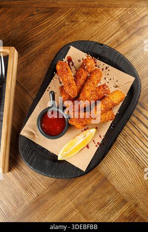 Ein Teller mit knusprigen gebratenen Snacks wird mit einer kleinen Schüssel mit roter Dip-Sauce und einem Stück Zitrone präsentiert, alles ordentlich auf braunem Papier auf einer Woo-Platte angeordnet Stockfoto