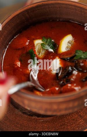 Eine Person rührt eine Schüssel ukrainischen Borschts mit Rüben, Kohl und verschiedenen Gemüsesorten, garniert mit Zitrone und Kräutern. Die Mahlzeit wird in einem Stockfoto