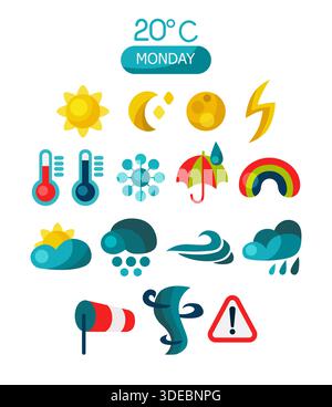 Wettersymbol gesetzt. Flache Symbole für Wettervorhersage Stock Vektor