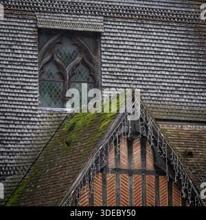 Moosbedeckte Dachterrasse und ein gotisches Fenster auf historischen Fachwerkhäusern in der Altstadt von Honfleur in der Normandie, Frankreich. Stockfoto