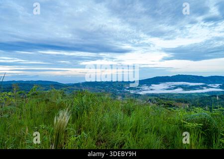 Aus der Vogelperspektive auf die sanften Hügel und die grüne Weite, die auf den Himmel trifft, die feuchte Luft, Tinamaste, San José, Costa Rica. Stockfoto