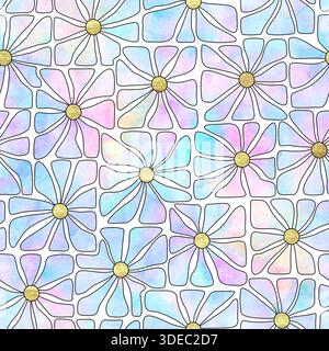 Daisy Kamille Aquarell mehrfarbige Blumen. Wunderschönes nahtloses Blumenmuster. Handgezeichnete Frühlings-Sommer-Illustration auf weißem Hintergrund. Drucken für Stockfoto