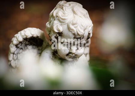 Nahaufnahme einer verwitterten Steinengelstatue mit Flügeln, die Trauer und Frieden symbolisieren, auf einem Friedhof Stockfoto