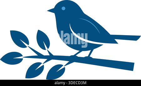 Blauer Vogel, der auf Zweig thront minimale Illustration isoliert auf weißem Hintergrund Stock Vektor