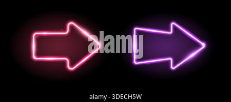 Violette und rote Neonpfeile. Rosafarbenes und lila leuchtendes LED-Richtungsschild. Strahler in Pfeilform. Helle leuchtende fluoreszierende Zeiger für Banner, Poster, Logo. Vektor-Neon-LED-Leuchten Stock Vektor