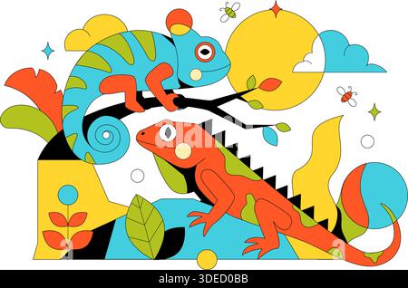 Reptilienvektor-Illustration Mit Detaillierten Skalen Und Natürlichem Wildlife Design Mit Verschiedenen Arten Von Reptilientieren In Flachem Hintergrund Stock Vektor