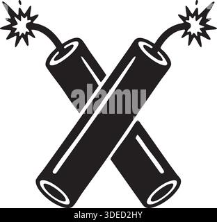 Professionelle schwarze Silhouette Illustration von überkreuzten Dynamit-Stielen mit funkenden Sicherungen. Dieses kontrastreiche explosive Symbol ist ideal für Gefahrensignale Stock Vektor