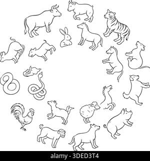 Chinesische Zodiac-Tiere Set Hand gezeichnet Schwarze Linie Kunst Illustration isoliert auf weißem Hintergrund Stock Vektor