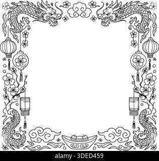 Professionelle Schwarzweiß-Strichgrafik-Illustration einer dekorativen Mond-Neujahrsgrenze mit Drachen, Laternen und Kirschblüten. Hoch-kontra Stock Vektor