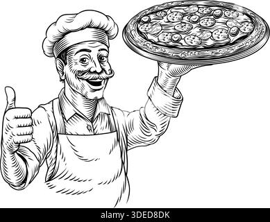 Pizzakoch Vintage Stil Pizzeria Illustration Stock Vektor