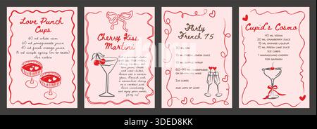 Valentine Cocktail Rezept Karte Vektor Set, Retro skurrile Stil mit handgeschriebenen Getränken, Kirschen, Herzen. Bedruckbare Barmenüs oder Wandbilder in der Küche Stock Vektor