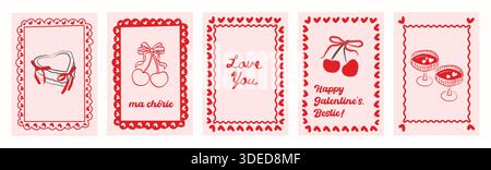 Vintage handgezeichnete Valentinskarten mit Herzen, Bögen, Kirschen und romantischen Doodle-Rahmen. Skurrile Coquette-Illustrationen für Hochzeitspapiere Stock Vektor