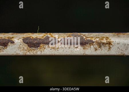 Nahaufnahme eines rostigen Metallgeländes mit abblätternder weißer Farbe und starker Korrosion vor dunklem Hintergrund. Stockfoto