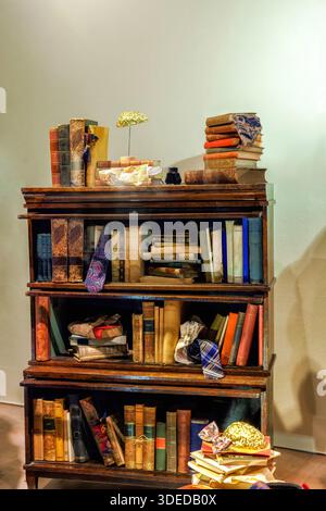 Antikes, flaches hölzernes Bücherregal gefüllt mit alten Büchern. Bücherregal aus Vintage-Holz, farbenfrohe Schleifen und eklektische dekorative Objekte, raffiniert und ich Stockfoto