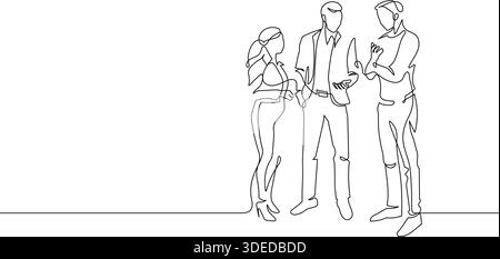 Diskussion in der Geschäftswelt drei Personen sprechen fortlaufende Linienzeichnung. Brainstorming und Teamwork-Konturskizze handgezeichnet dünne Linie Abb. Stock Vektor