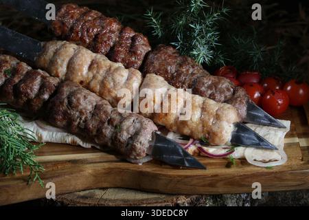 Nahaufnahme eines traditionellen kaukasischen Gerichts – gegrilltes Hackfleisch (lula Kebab oder Shish Kebab) auf Metallspießen. Mit Kebabs aus Chi Stockfoto