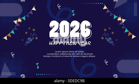 Neujahrsfeier 2026 mit auffälliger weißer Typografie, farbenfrohen Fahnen und Party-Poppers auf dunkelblauem Hintergrund mit Halbtonmuster Stock Vektor